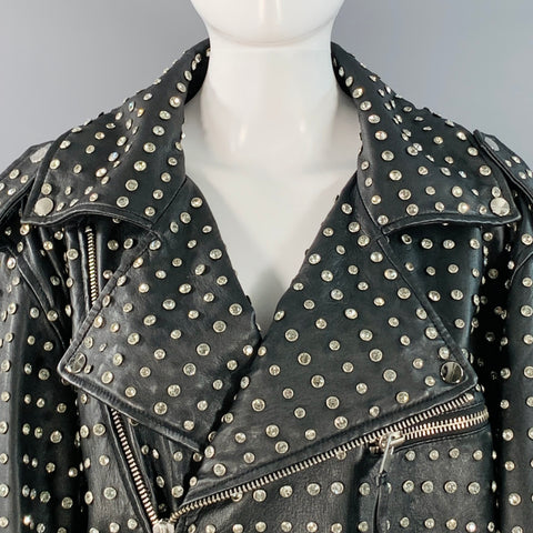 RETROFETE Taille M Blouson de motard en cuir d'agneau clouté de cristaux noir