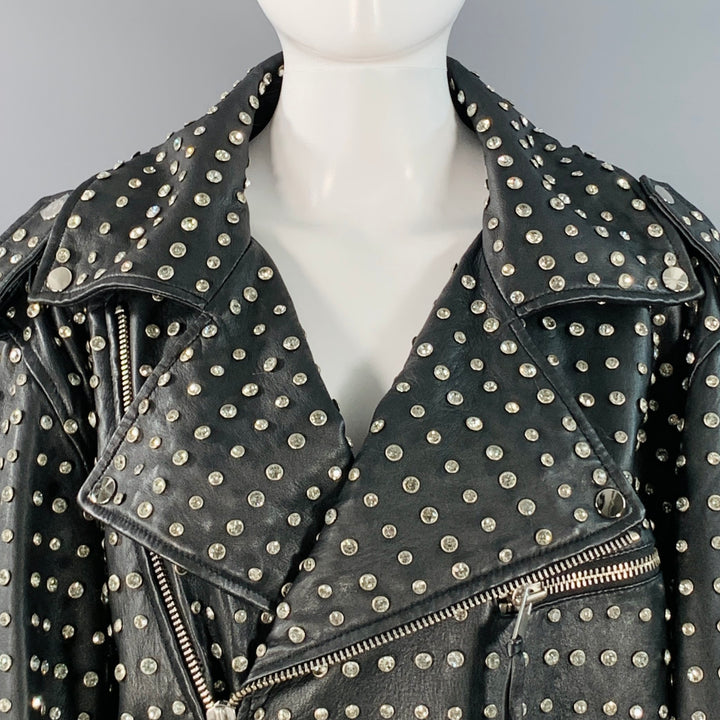 RETROFETE Size M Black Crystal Studded Lambskin Leather Biker Jacket