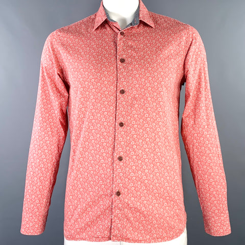 TED BAKER Size L Red Beige Floral Cotton Contrast Trim Long Sleeve Shirt