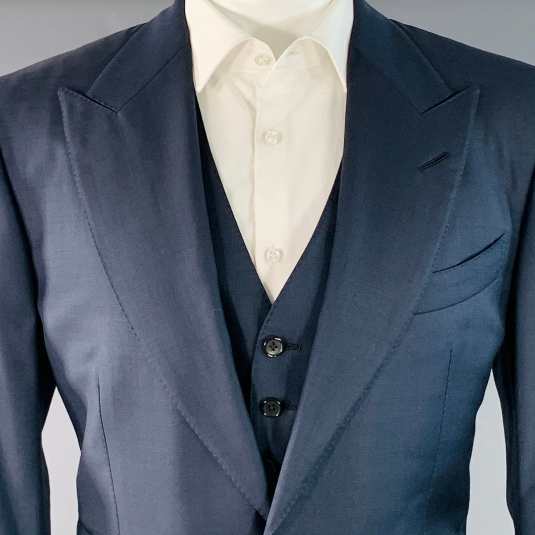 TOM FORD Size 40 Regular Navy Wool Peak Lapel 3 Piece Suit