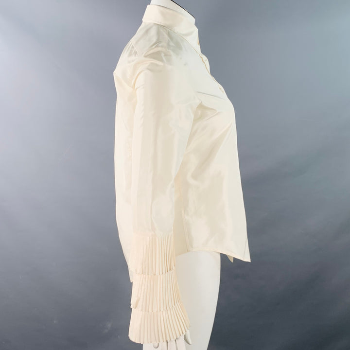 OSCAR DE LA RENTA Size 10 Cream Taffeta Long Sleeve Pleated Blouse