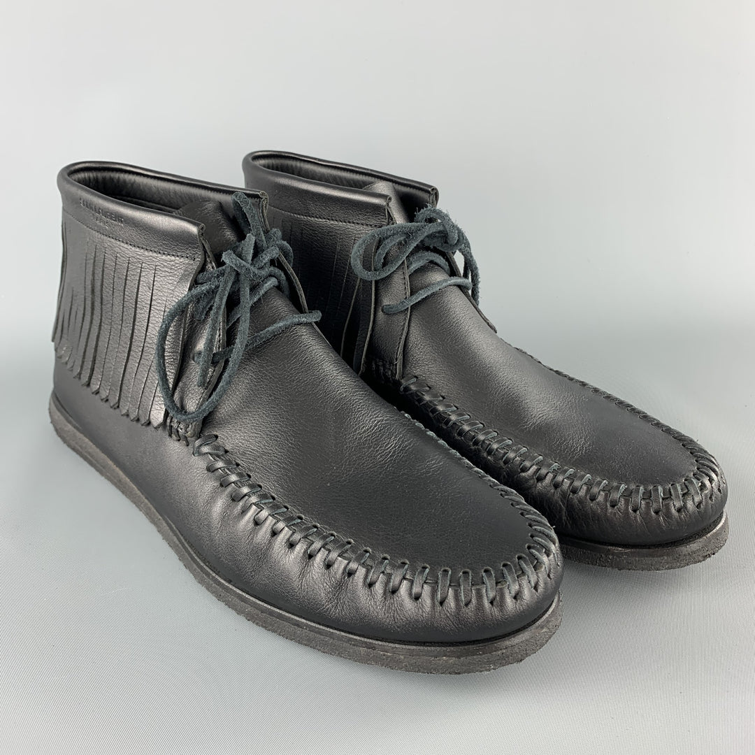 SAINT LAURENT Size 12 Black Leather Fringed Moccasin Style Boot Sneakers