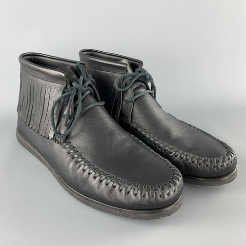 SAINT LAURENT Size 12 Black Leather Fringed Moccasin Style Boot Sneakers