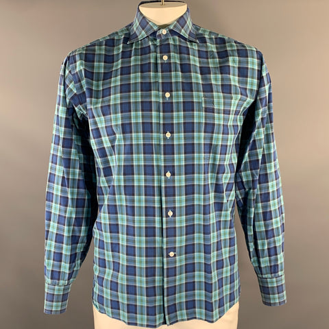 LORENZI Size XL Turquoise Blue Plaid Long Sleeve Shirt