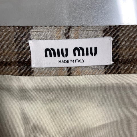 MIU MIU Size 2 Beige Brown Wool Blend Plaid Leather Mini Skirt