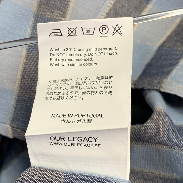 OUR LEGACY SS16 Size 38 Blue Grey Plaid Linen Cotton One Pocket Long Sleeve Shirt