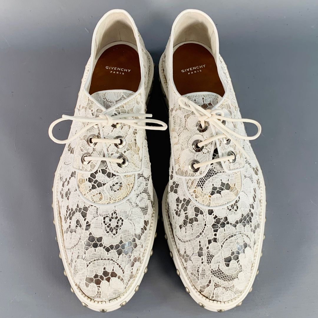 GIVENCHY Size 10 White Leather Lace Studded Derby Shoes