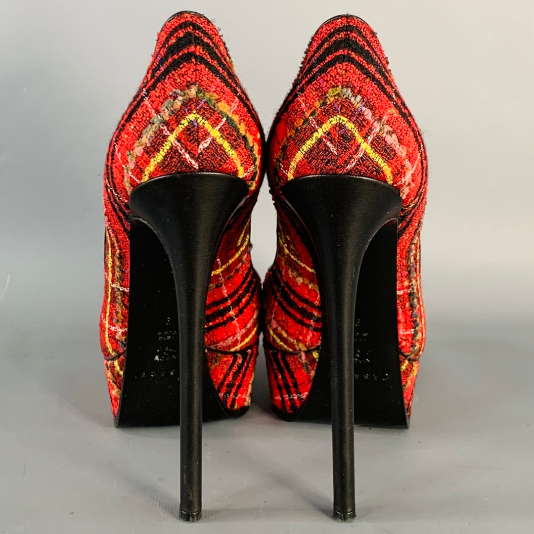 CASADEI Size 9 Red Black Yellow Tweed Plaid Leather Trim Platform Pumps