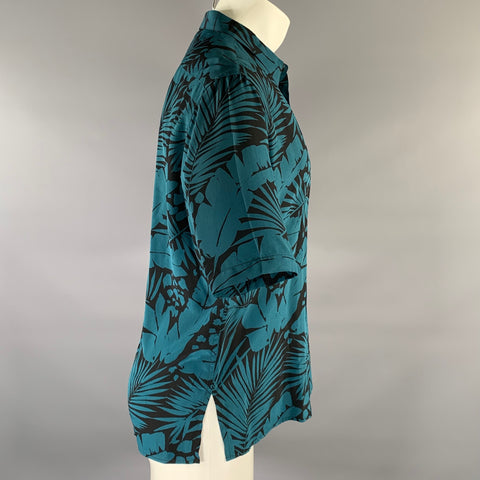 SAINT LAURENT Size S Turquoise Black Abstract Floral Silk Short Sleeve Shirt