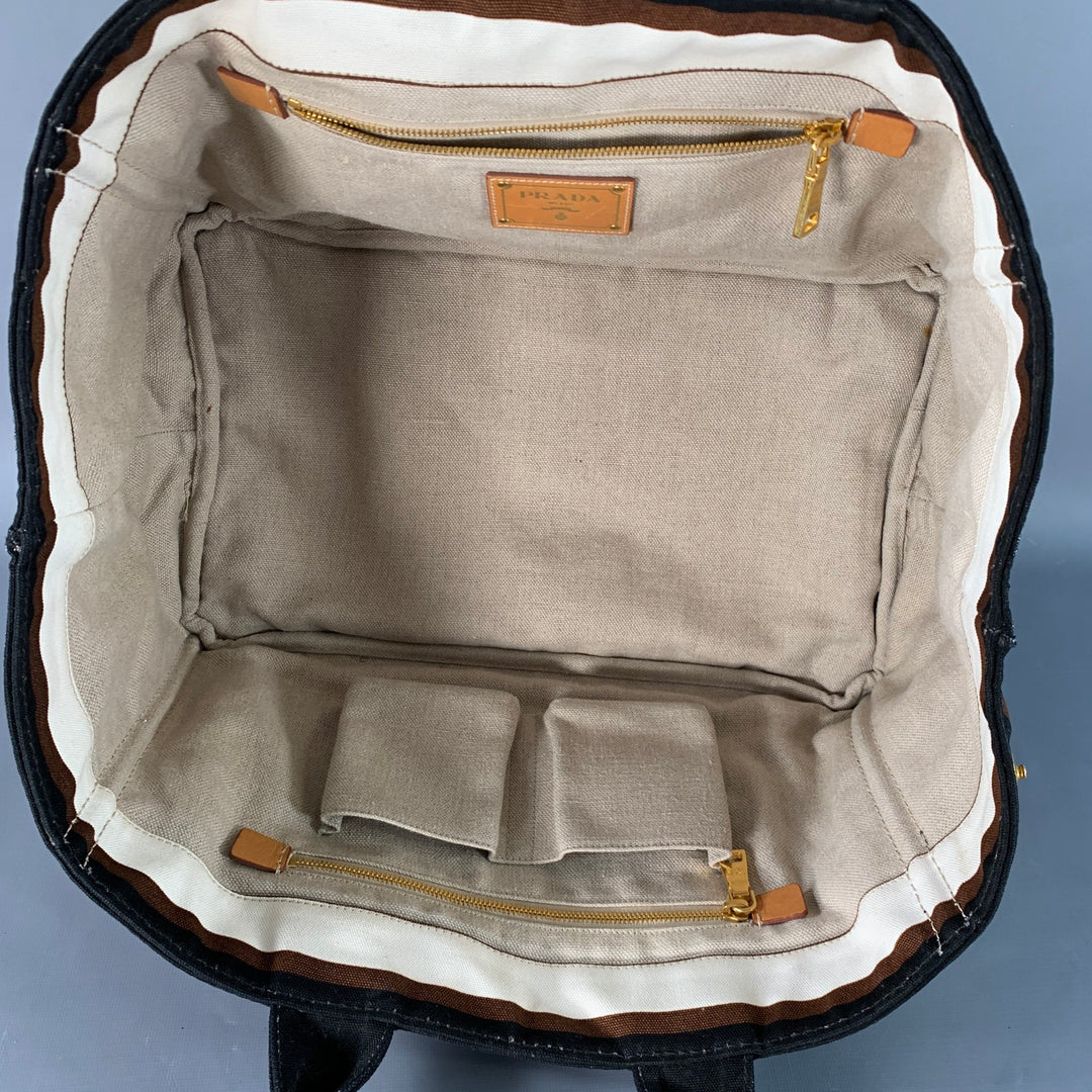 PRADA Canapa Brown Black White Stripe Canvas Open Top Tote Handbag
