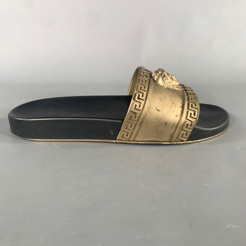 VERSACE Size 9 Gold Black Greca Rubber Slide Sandals