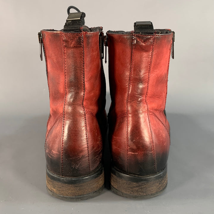 DIESEL Size 11 Burgundy Black Distressed Leather Double Zipper Boots