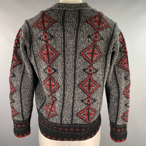 ETRO Size XL Grey Black Red Knitted Wool Blend Buttoned Cardigan