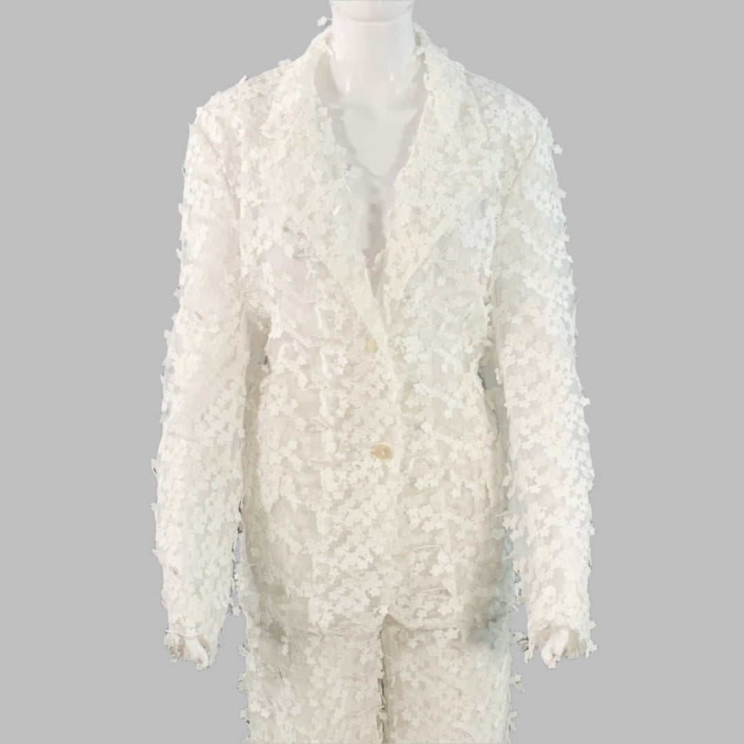 CYNTHIA ROWLEY Size M White Polyester Lace Peak Lapel Pantsuit