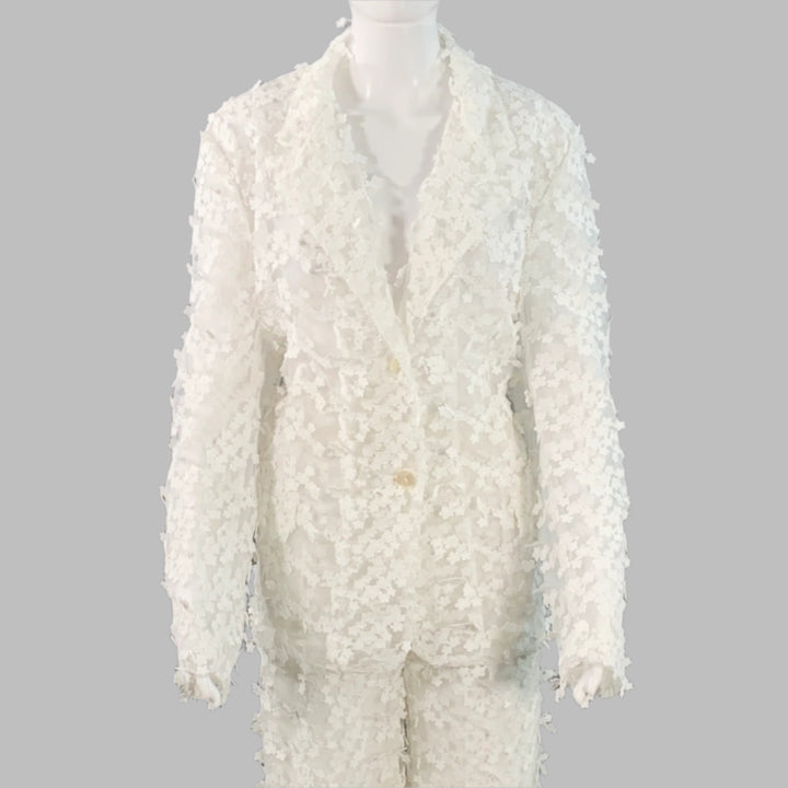 CYNTHIA ROWLEY Size M White Polyester Lace Peak Lapel Pantsuit