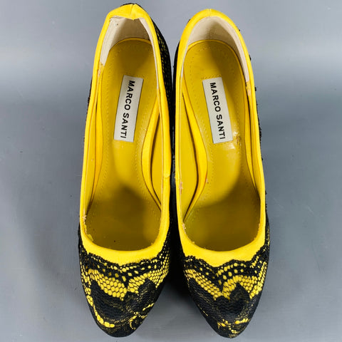 MARCO SANTI Size 6.5 Victoria Black Yellow Lace Stiletto Pumps