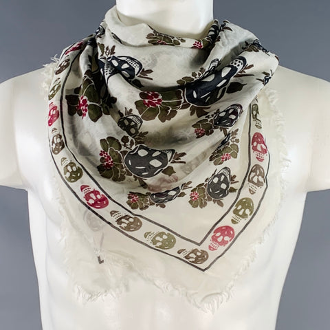 ALEXANDER MCQUEEN White Green Skull Floral Fringe Square Scarf