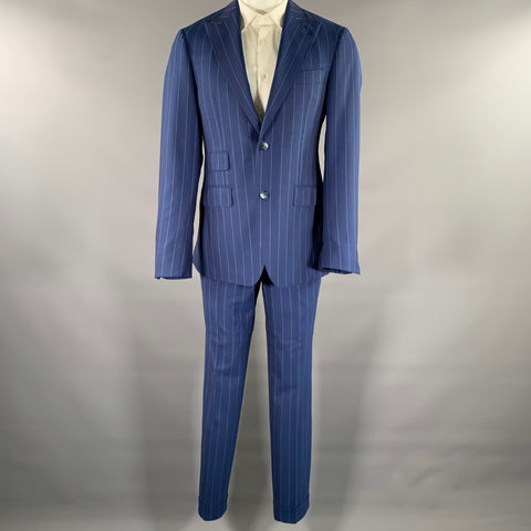 ATELIER MUNRO Size 38 Blue Light Blue Stripe Wool Peak Lapel Suit