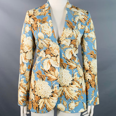 STINE GOYA Size L Blue Tan Polyester Blend Floral Notch Lapel Zip Pockets Jacket Blazer