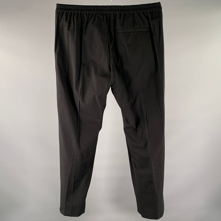 DRIES VAN NOTEN Pantalon en mélange de coton noir, taille élastiquée, taille 32