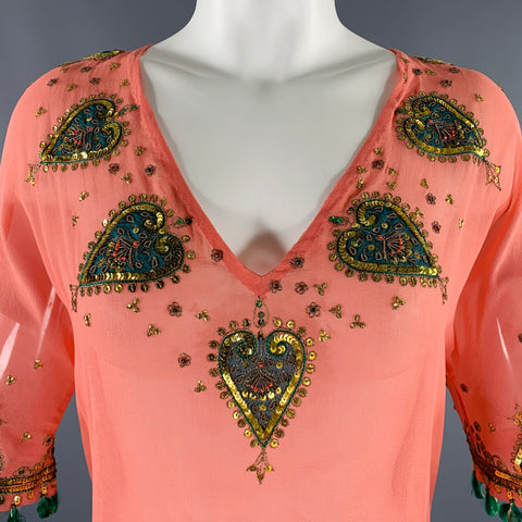 MATTHEW WILLIAMSON Size 6 Orange Green Silk Embroidered 3/4 Sleeves Casual Top