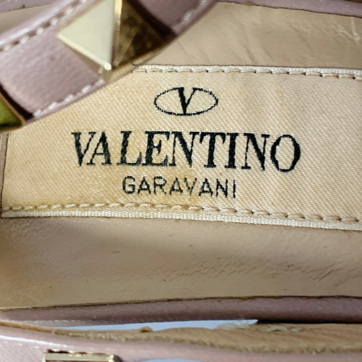 VALENTINO Size 4 Rockstud Red Nude Gold Studded T- Strap Pumps