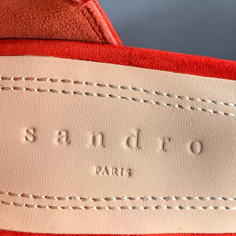SANDRO Size 10 Tessa Red Suede Caged Chunky Heel Sandals