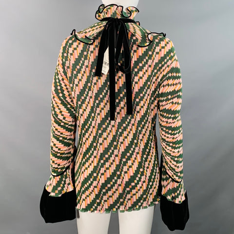 TORY BURCH Size 2 Green Pink Yellow Polyester Geometric Pleated Blouse