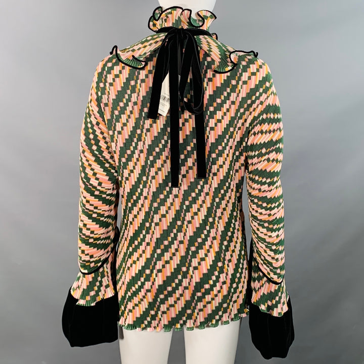 TORY BURCH Size 2 Green Pink Yellow Polyester Geometric Pleated Blouse