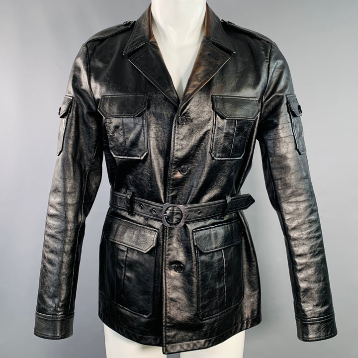 SAINT LAURENT Size M Black Calf Leather Belted Jacket