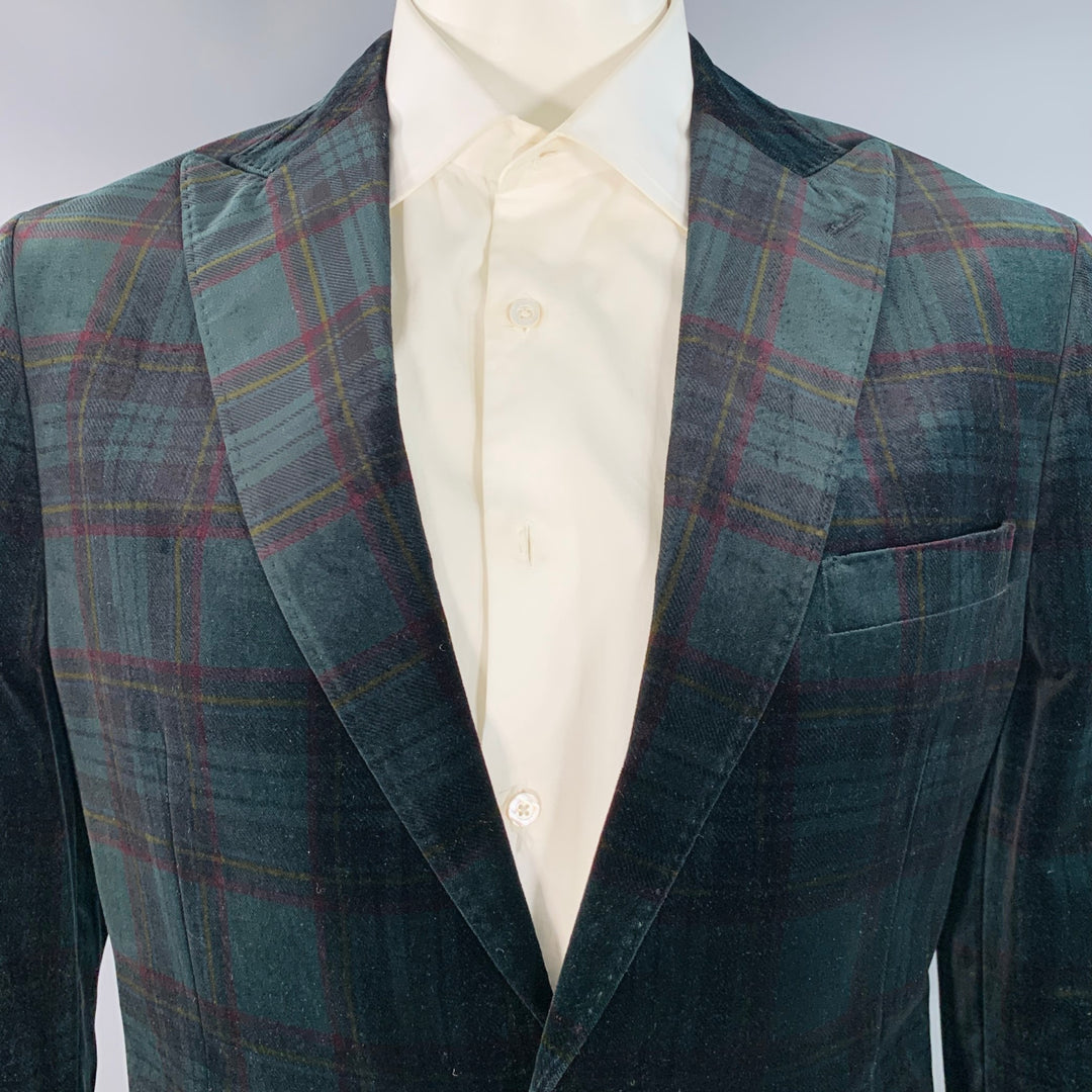 KROON Size 42 Long Green Red Plaid Cotton Velvet Peak Lapel Sport Coat