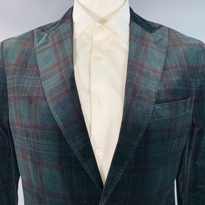 KROON Size 42 Long Green Red Plaid Cotton Velvet Peak Lapel Sport Coat