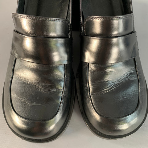 AMOMENTO Size 6 Black Leather Stacked Heel Penny Loafers