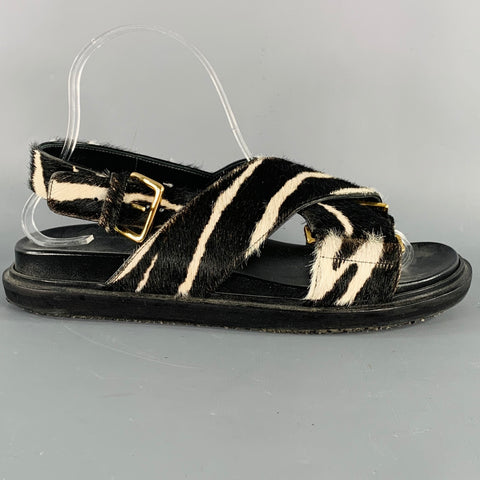 MARNI Size 8 Black White Calf Hair Zebra Sandals