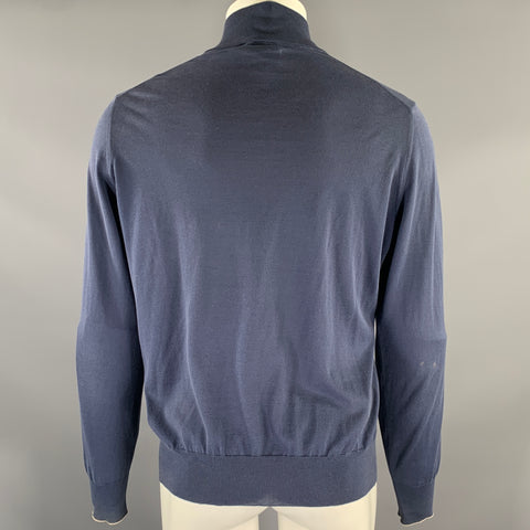 BRUNELLO CUCINELLI Size M Navy Grey Cotton Zip Mock Neck Sweater