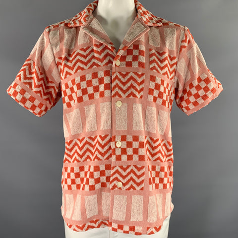 OAS Size L Orange White Abstract Terry Camp Short Sleeve Shirt