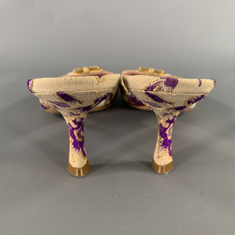 PRADA Size 9 Champagne Purple Jacquard Floral Mules Pumps