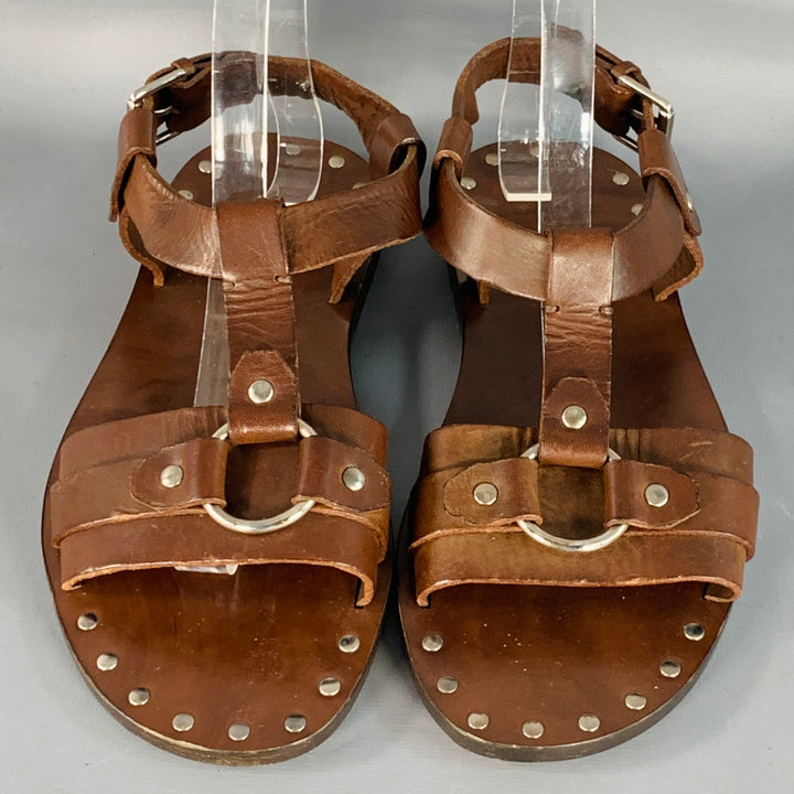 BALLY Size 6.5 Lurago Brown Silver Leather Studded Sandals