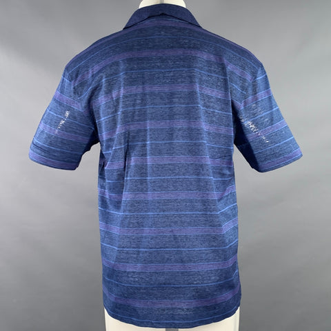ERMENEGILDO ZEGNA Size 40 Navy Purple Stripe Linen One Pocket Polo