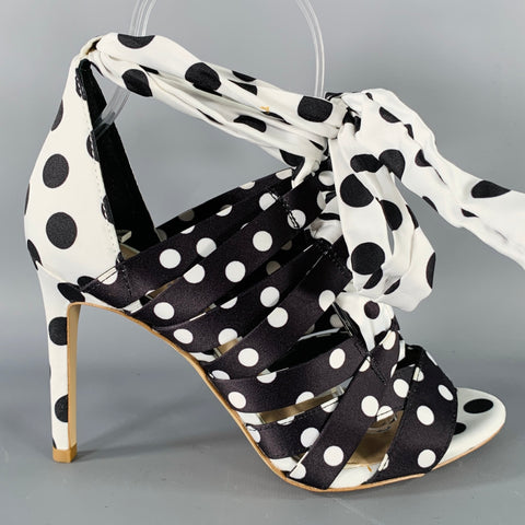 GIANNI BINI Size 6.5 Black White Satin Polka Dot Strappy Sandals