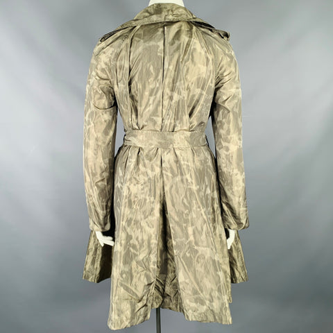 LANVIN 2011 Size 10 Green Olive Polyester Silk Marbled Double Breasted Trench Coat
