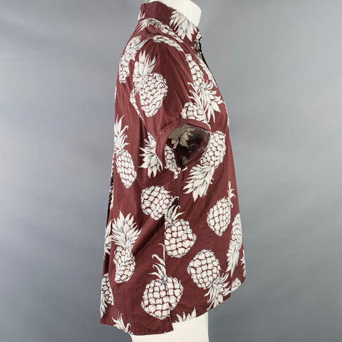 VALENTINO Size M Brown White Pineapple Print Cotton Pop Over Short Sleeve Shirt