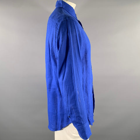 ARMANI COLLEZIONI Size L Blue Cobalt Solid Linen Long Sleeve Shirt
