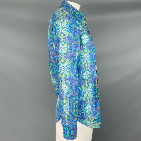 ROBERT GRAHAM Size L Blue Green Print Cotton Button Up Long Sleeve Shirt