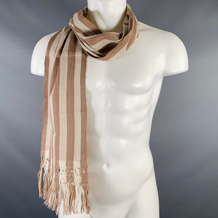 BALTHAZAR Brown Cream Stripe Crochet Fringe Scarf