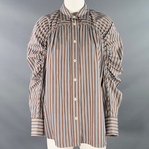 TRESSE' Size 2 Brown Black White Cotton Stripe Ruched Button Up Casual Top