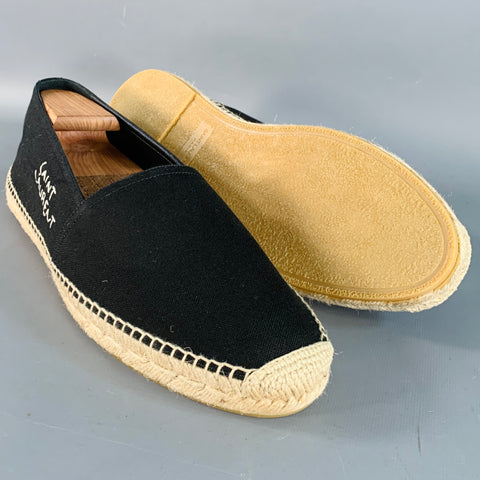 SAINT LAURENT Size 12 Black Natural Embroidered Logo Canvas Espadrille Sneakers