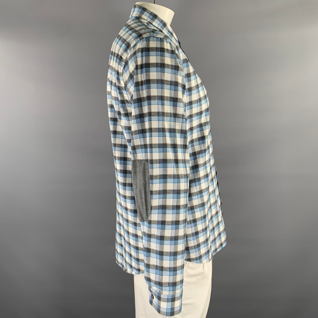 ATM Size L Gray Blue Plaid Cotton Elbow Patches Long Sleeve Shirt