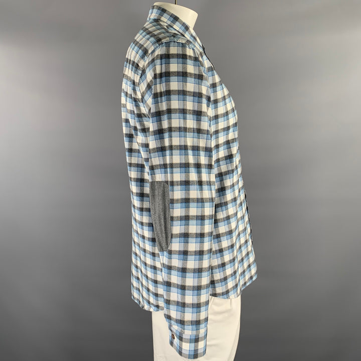 ATM Size L Gray Blue Plaid Cotton Elbow Patches Long Sleeve Shirt