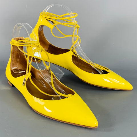 AQUAZZURA Size 9.5 Yellow Patent Leather Laced Pointed Toe Flats